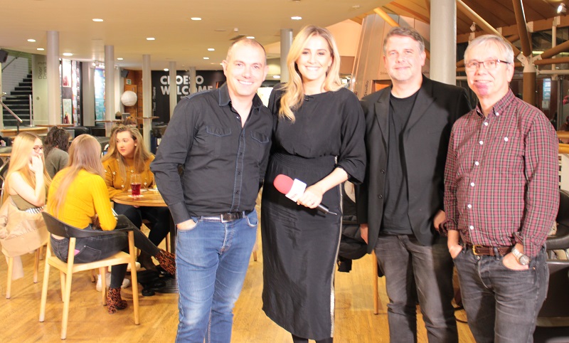 (Right to Left) Ryland Teifi, former winner of Cân i Gymru; Elin Fflur, co-presenter and former winner of the programme; Siôn Llwyd, Cân i Gymru Producer and Dafydd Rhys, Director of Aberystwyth Arts Centre.