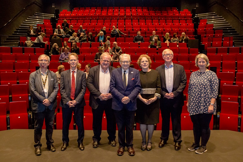 (left to right): Dafydd Rhys, Director of Aberystwyth Arts Centre; Dr Emyr Roberts, Aberystwyth University's Chair of Council; Nick Capaldi, Chief Executive of Arts Council Wales;  Lord Dafydd Elis-Thomas; Professor Elizabeth Treasure, Aberystwyth University's Vice-Chancellor; Phil George, Chair of Arts Council Wales and Louise Amery, Deputy Direcor of Aberystwyth Arts Centre.