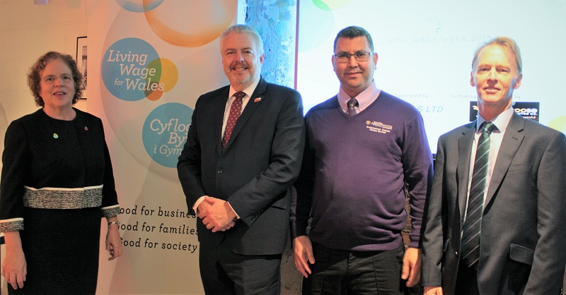 (Left to right) Aberystwyth University Vice-Chancellor Professor Elizabeth Treasure, First Minister of Wales Carwyn Jones AM, Mohamed Cheggaf from Aberystwyth University and Dr Emyr Roberts, Chair of Aberystwyth University Council at the launch of living Wage Week on Monday 5 November 2018. Aberystwyth is one of 174 employers in Wales who have signed up voluntarily to pay the Real Living Wage.
