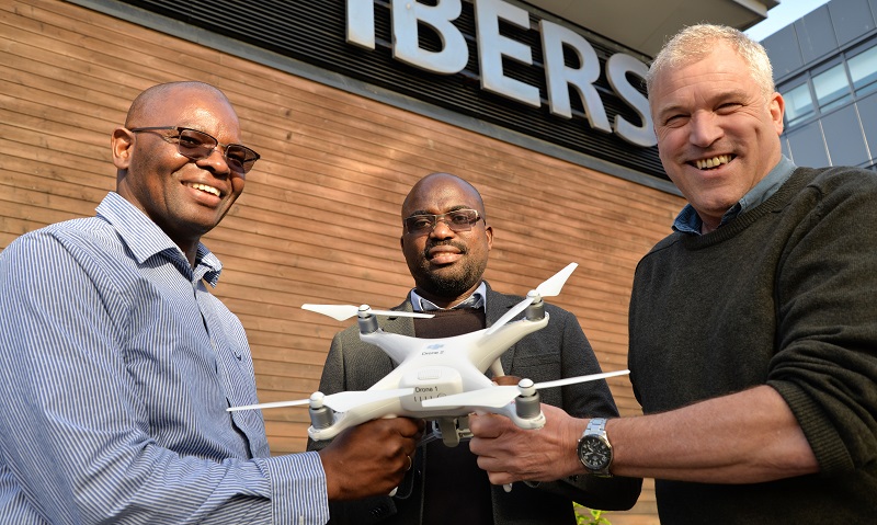 Left to right: Rutherford Fellows Dr Frans Persendt and Dr Eliakim Hamunyela from the University of Namibia with Professor Chris Thomas from Aberystwyth University. They have been exploring the application of remote sensing technology such as low-cost drones to tackle malaria in northern Namibia.