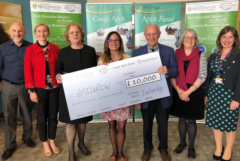 Left To Right: Tony Orme, InvEnterPrize organiser and Aberystwyth University entrepreneurship champion; Dr Rhian Hayward, Chief Executive Officer of AberInnovation; Professor Elizabeth Treasure, Vice-Chancellor of Aberystwyth University; Liliana Castillo from Amigrow; Professor Donald Davies, Chair of the judges for InvEnterPrize 2019; Caryl Davies, Head of Student Support and Careers Service; Sian Furlong Davies, Deputy Head of Student Support and Careers Services at Aberystwyth University.