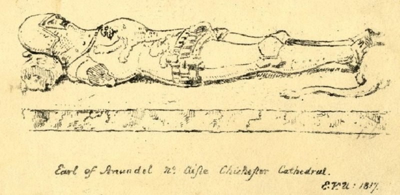 Edward Vernon Utterson: sketch of the Tomb of the Earl of Arundel in Chichester Cathedral, with effigy as a knight, head to left, his right arm missing. Made in 1817 (two years before Keats visited) © Trustees of the British Museum