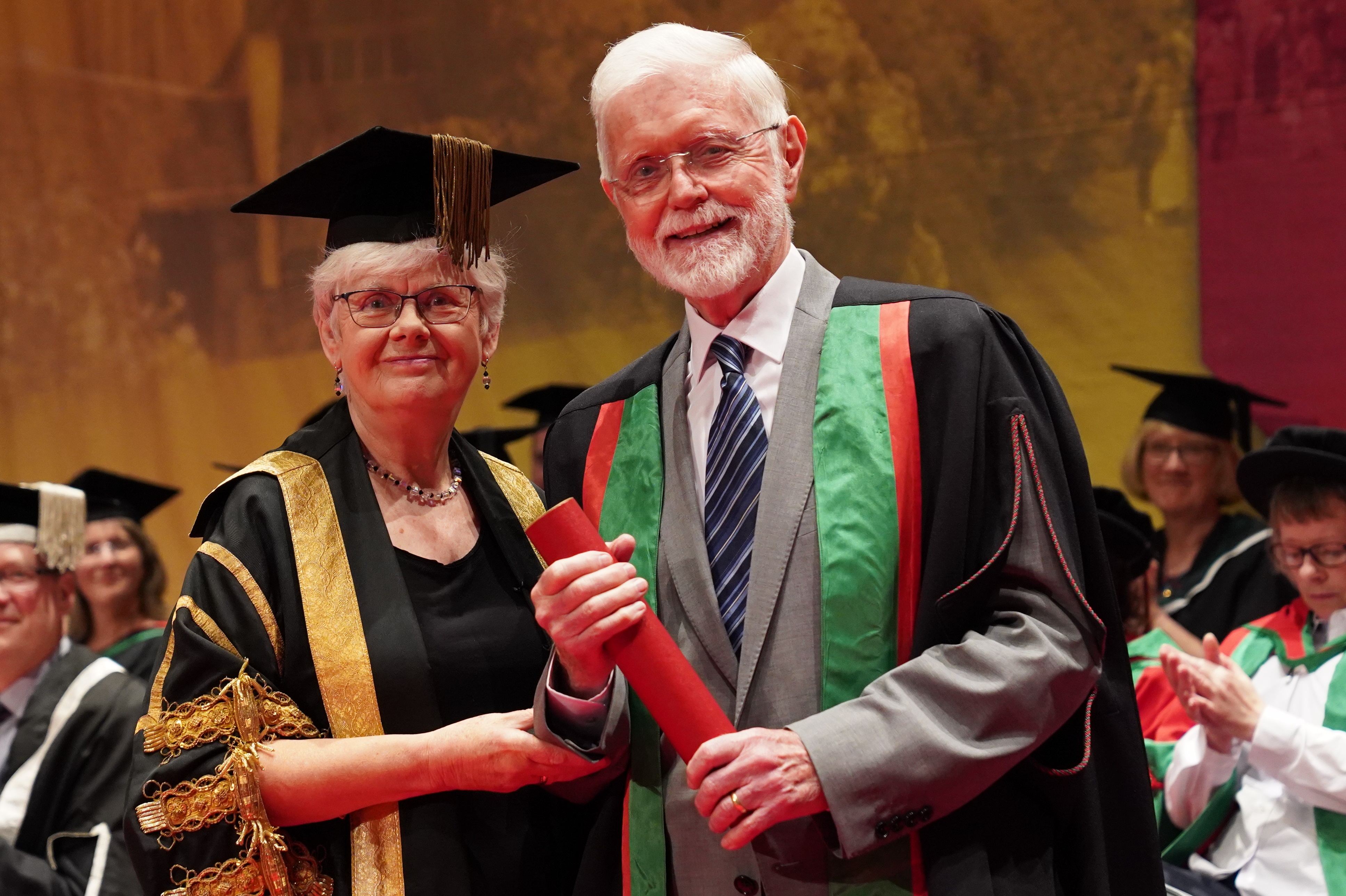 Pro Chancellor, Gwerfyl Pierce Jones, with Emyr Jenkins, the first Chief Executive of the Arts Council of Wales, who has been honoured as Fellow of Aberystwyth University