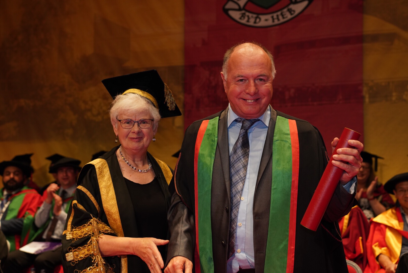 Pro Chancellor Gwerfyl Pierce Jones with Honorary Fellow Alan Phillips