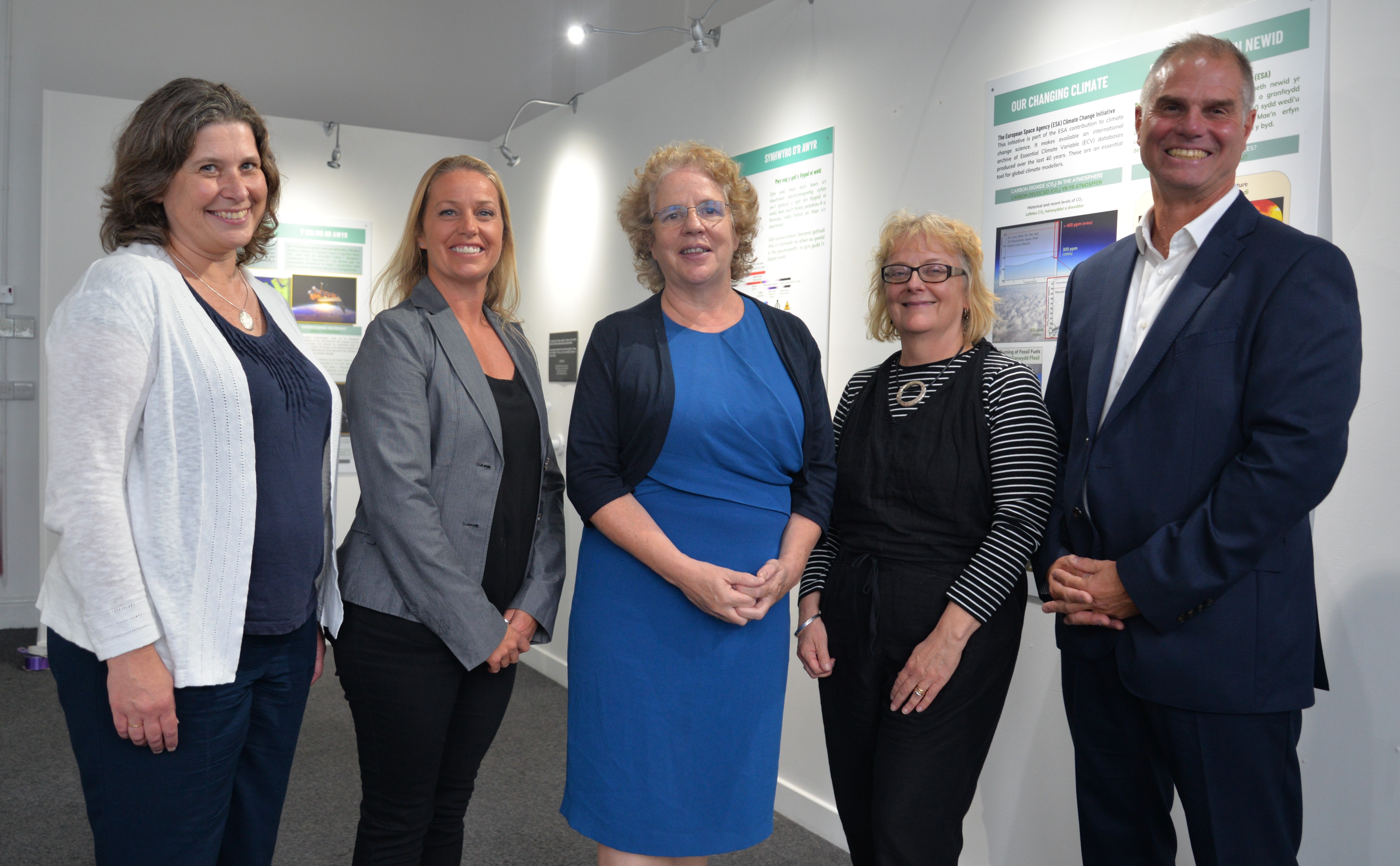 Pictured at the opening of the Living Wales exhibition at Old College are (left to right) Dr Sarah Davies, Head of the Department of Geography and Earth Sciences at Aberystwyth; Claire Horton, Geospatial and Earth Observation Manager, Welsh Government; Professor Elizabeth Treasure, Vice-Chancellor Aberystwyth University; Amanda Smith from the Centre for Alternative Technology and Professor Richard Lucas, Sêr Cymru Chair, Department of Geography and Earth Sciences.