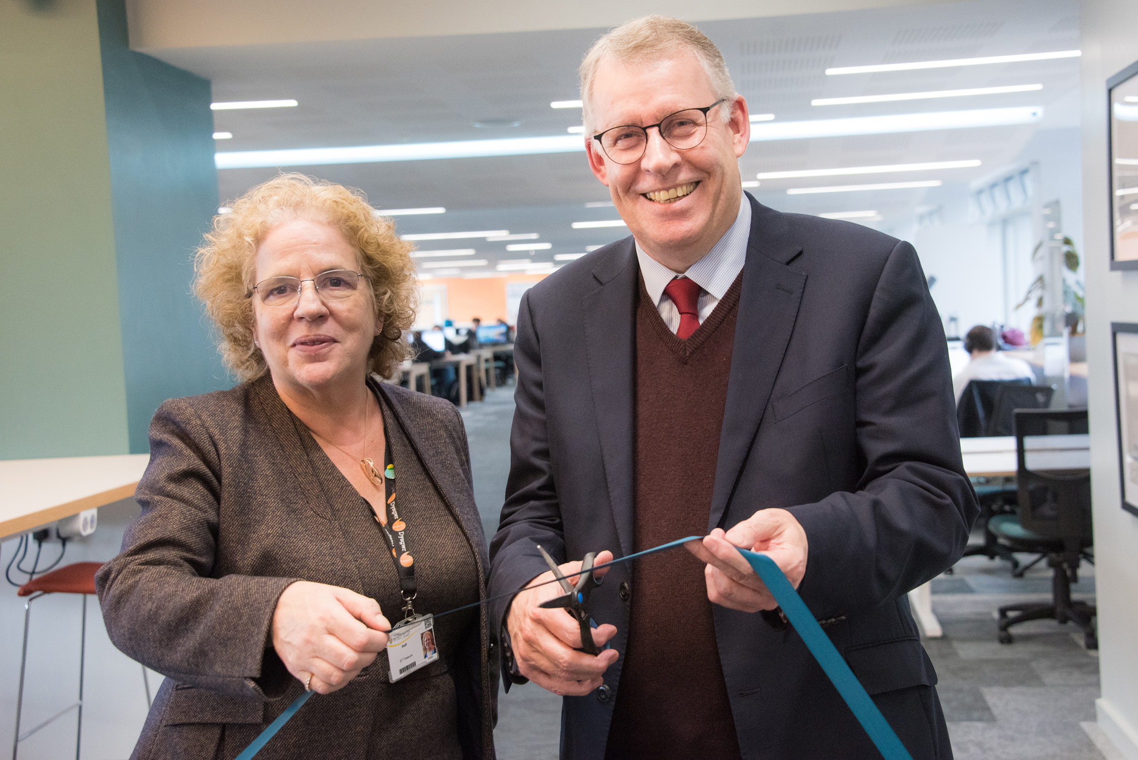Vice-Chancellor Professor Elizabeth Treasure with David Allen OBE, Chair of the Higher Education Funding Council for Wales cutting the ribbon to officially open the newly refurbished Iris De Freitas Study Room on Penglais Campus, Aberystwyth University, 27 November 2019