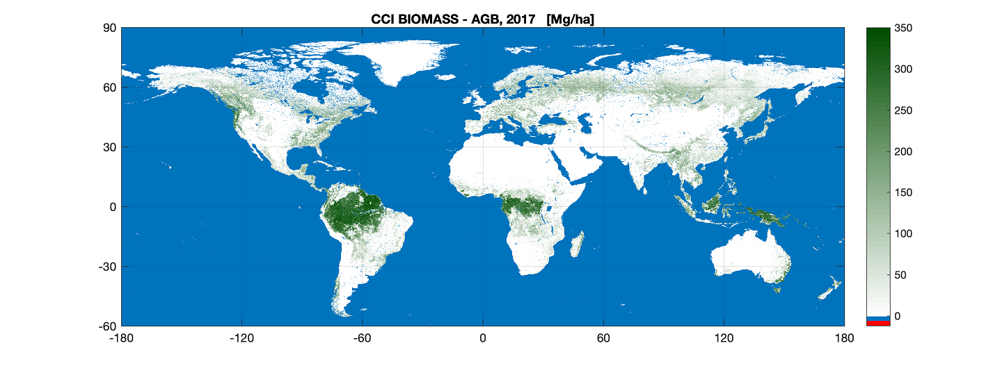 Biomass map (credit ESA) - Satellite data was used to create a map of above-ground Biomass for 2017-18. The new map uses optical, lidar and radar data acquired in 2017 and 2018 from multiple Earth observation satellites, and is the first to integrate multiple acquisitions from the Copernicus Sentinel-1 mission and Japan’s ALOS mission.