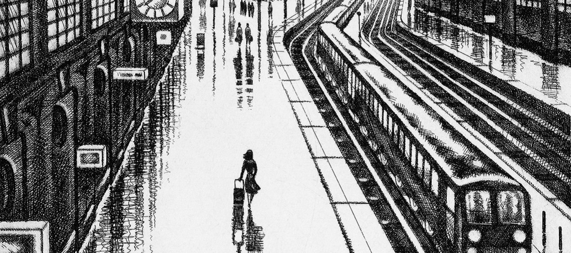 Coastal Trains – Victoria Station by John Duffin, etching 38 x 25 cm (15 x 10 inch)