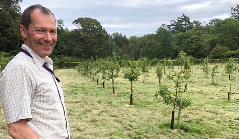 Dr Danny Thorogood at the heritage orchard, IBERS Gogerddan