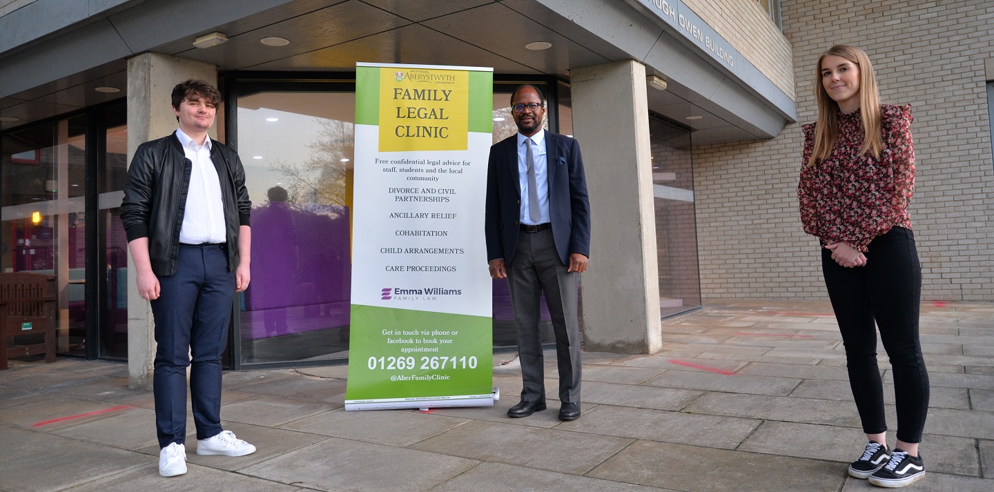 Department of Law and Criminology students Elliot Books (left) and Olivia Rookes (right) with Dr Ola Olusanya, Senior Lecturer at the Department and one of the founders of the Aberystwyth University Family Legal Clinic