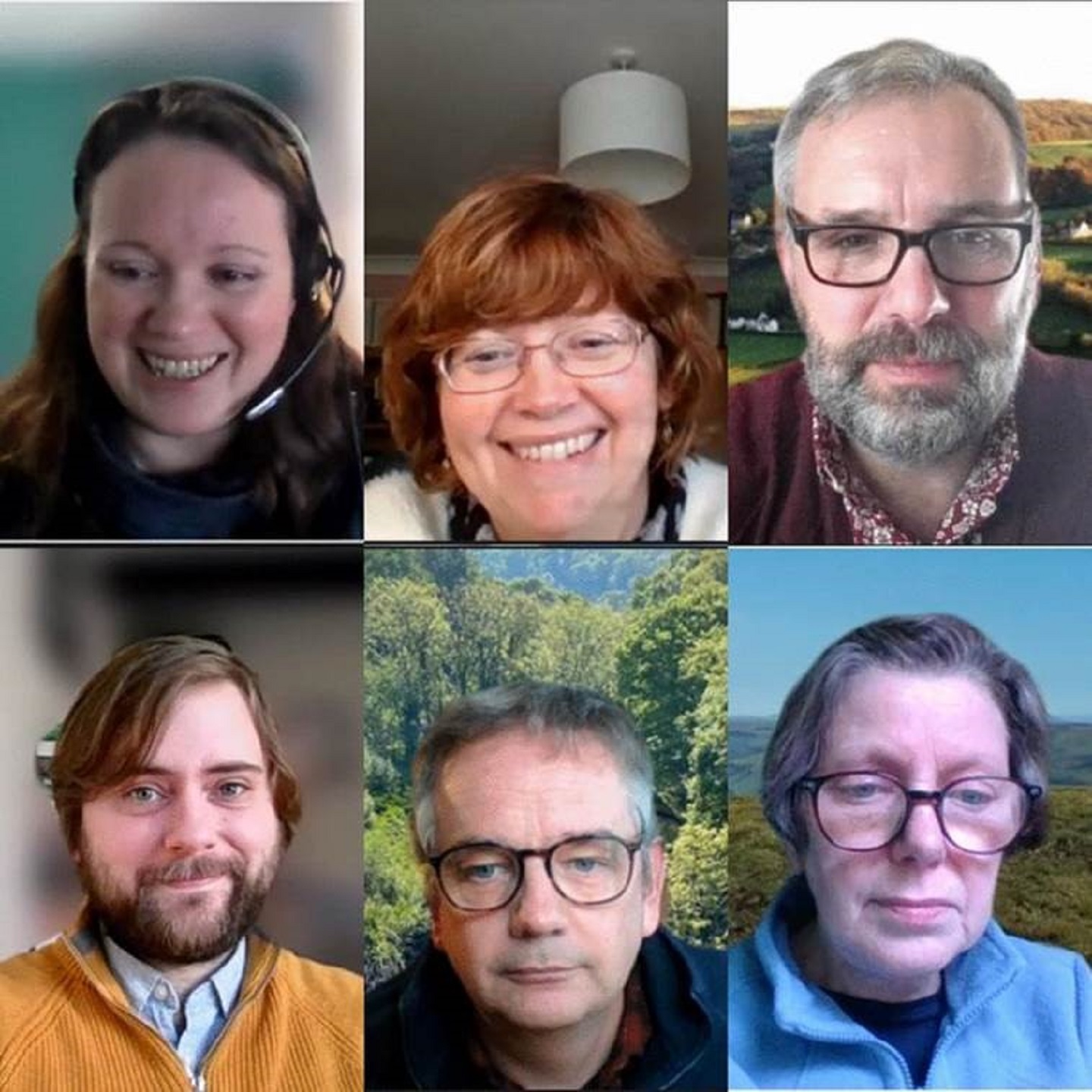 The team at Aberystwyth University’s School of Education meet online to discuss their research. Top row (L-R): Dr Siân Lloyd-Williams, Dr Delyth Jones, Prysor Davies. Bottom row (L-R): Rhodri Aled Evans, Alwyn Ward, Dr Susan Chapman.