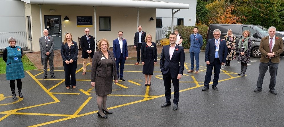 Representatives of Aberystwyth University and Hywel Dda University Health Board visit the University’s new Health Education Centre which will host the new nursing degree from September 2022. The visit took place prior to the signing of a new Memorandum of Understanding by both organisations.