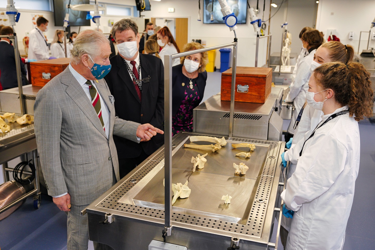 The Prince of Wales meets students at the new School of Veterinary Science with Professor Darrell Abernethy and Professor Elizabeth Treasure, Vice-Chancellor of Aberystwyth University.
