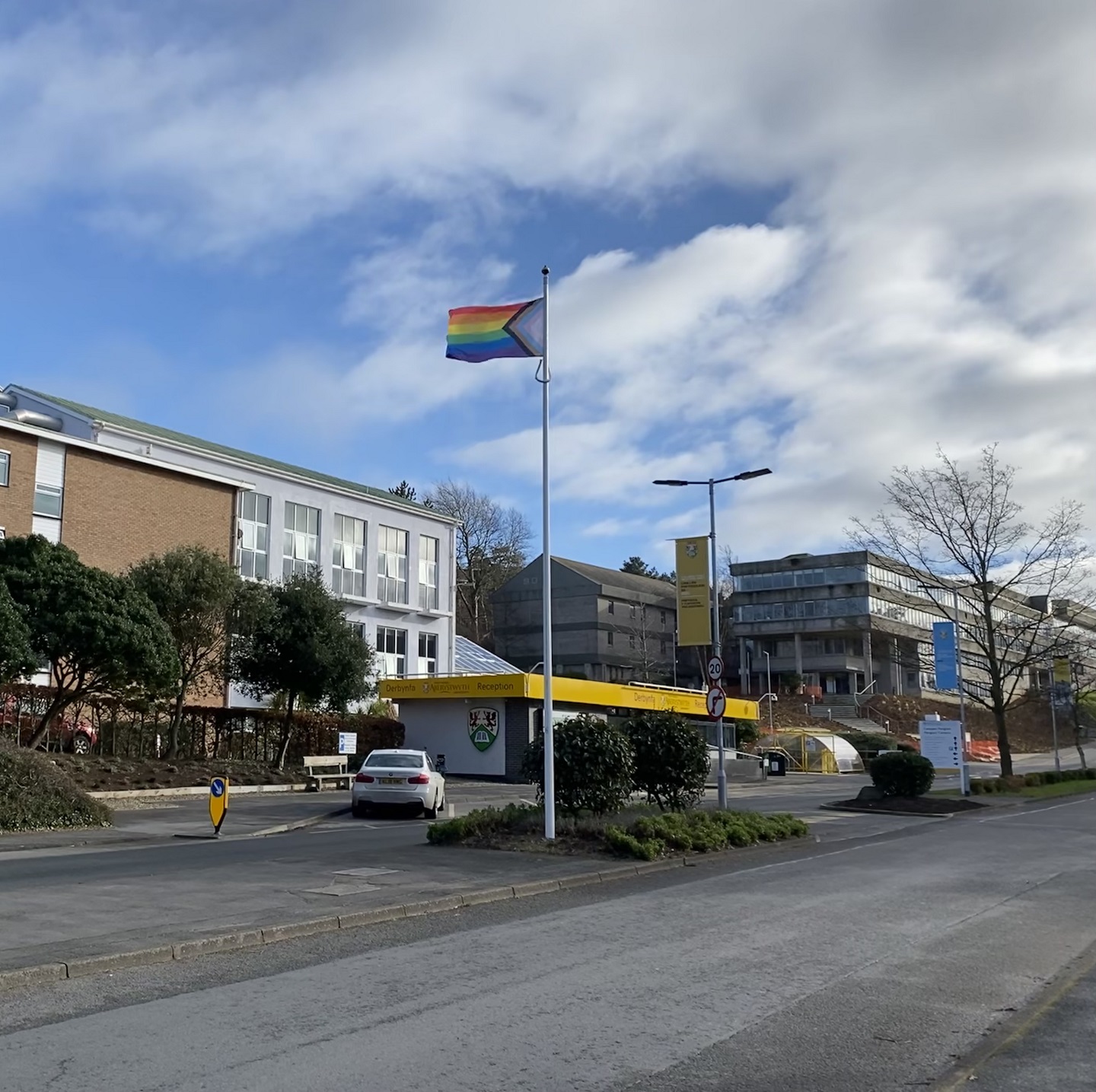 To mark this year’s LGBT History Month, Aberystwyth University has been flying the Intersectional Pride flag. In addition to the familiar rainbow colours, the flag features black and brown stripes to represent marginalised LGBT communities of colour, and pink, light blue and white used on the Transgender Pride Flag.
