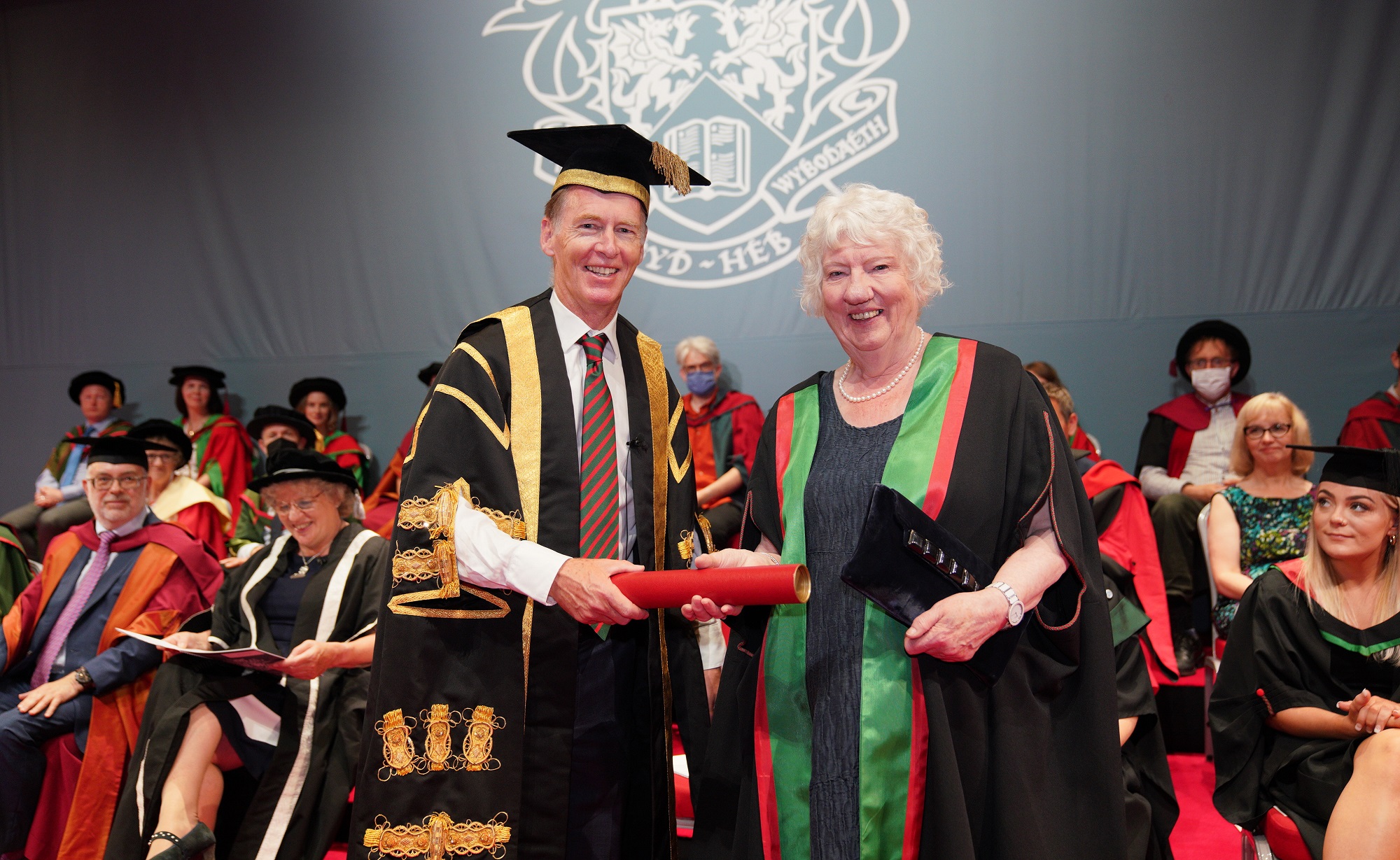 Chair of Council, Dr Emyr Roberts, with Professor Elan Closs Stephens