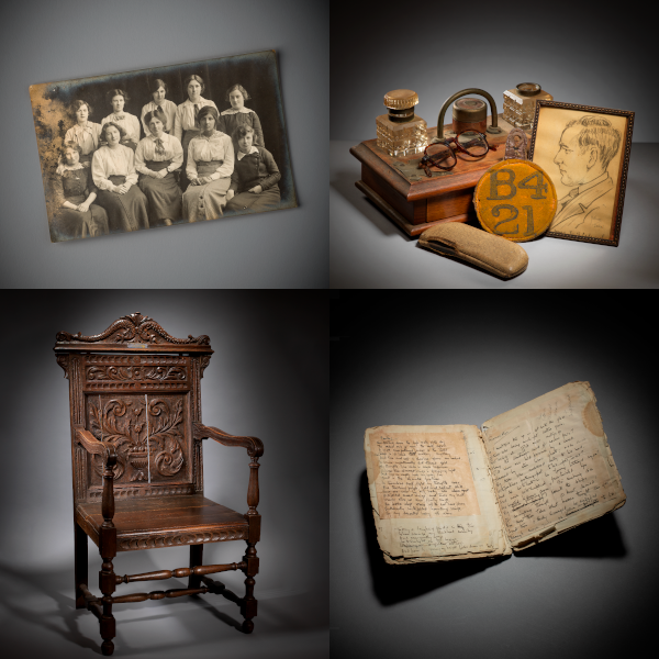 Aberystwyth University historical artifacts - a picture of Dorothy Bonarjee and her notebook, Gwenallt’s glasses and prison badge and Gwilym Williams’s Eisteddfod Chair Credit: Rolant Dafis