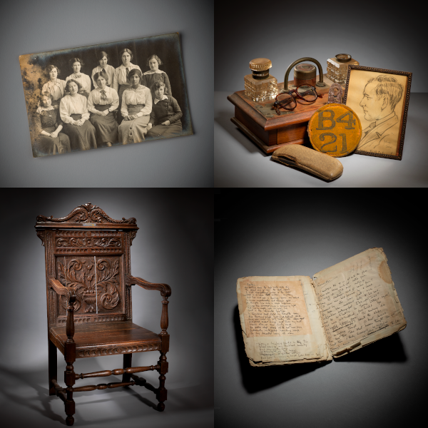 Aberystwyth University historical artifacts - a picture of Dorothy Bonarjee and her notebook, Gwenallt’s glasses and prison badge and Gwilym Williams’s Eisteddfod Chair   Credit: Rolant Dafis