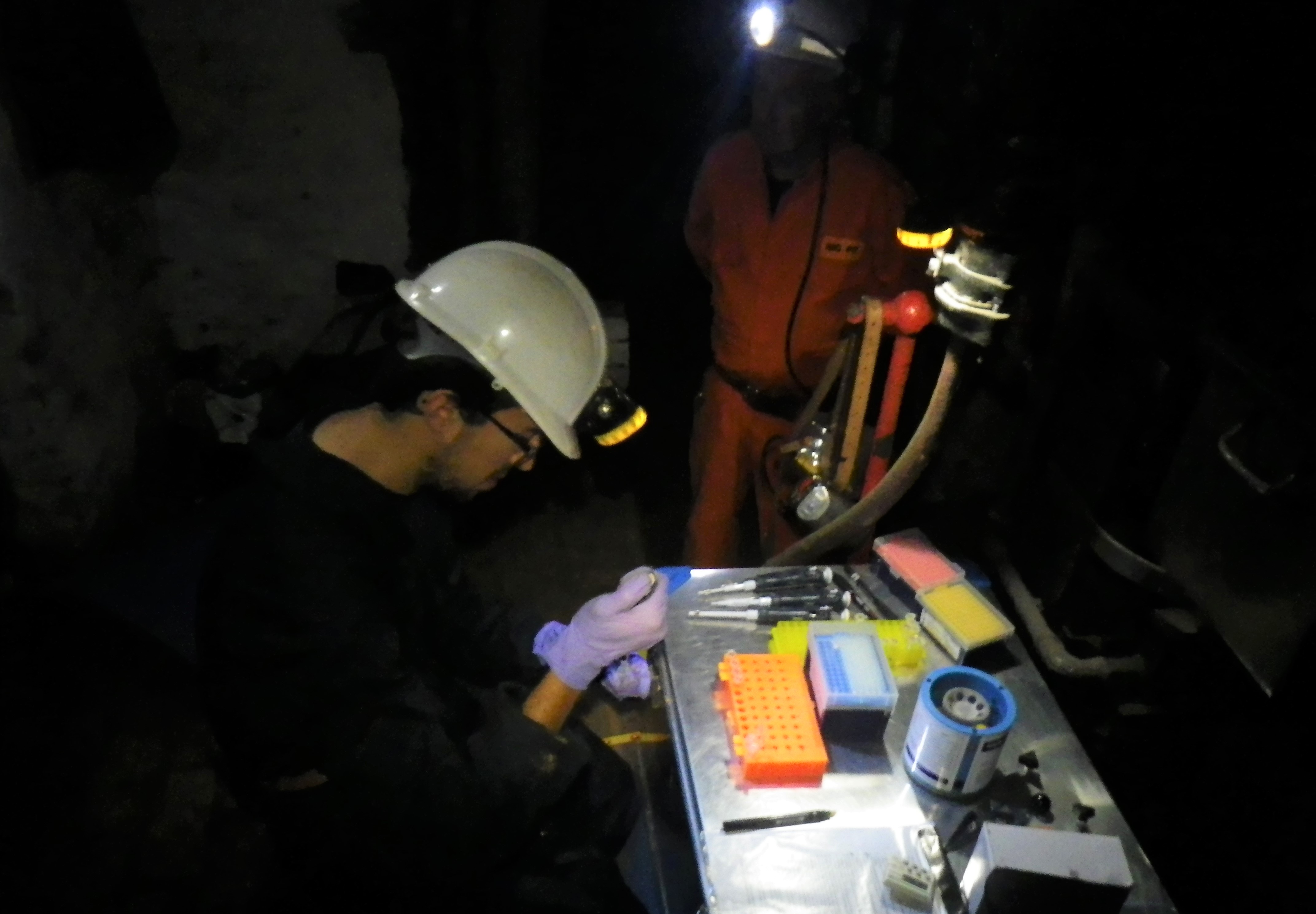 Dr André Soares analysing the DNA of microbes while underground at The Big Pit Museum during his PhD at Aberystwyth University