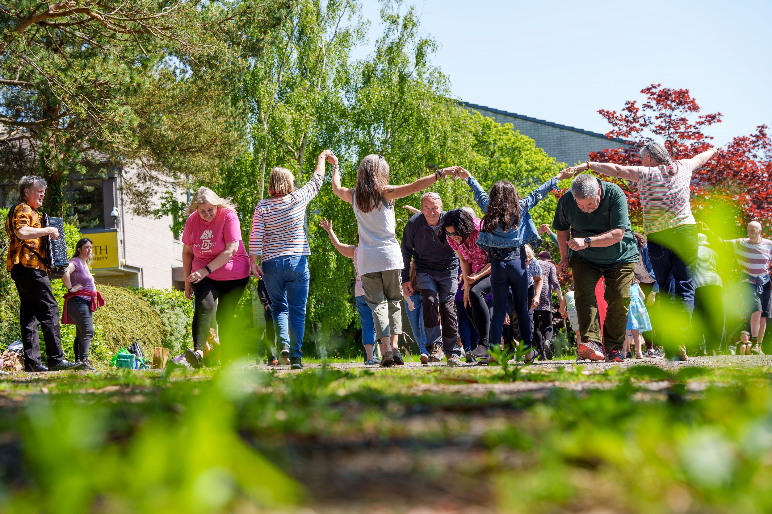 Twmpath folk dancing in the sunshine as part of the Summer Festival organised by Learn Welsh Ceredigion Powys Carmarthenshire.