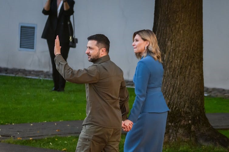 President Volodymyr Zelensky and his wife Olena Zelenska arrive for a dinner during the Nato summit. Gints Ivuskans/Shutterstock
