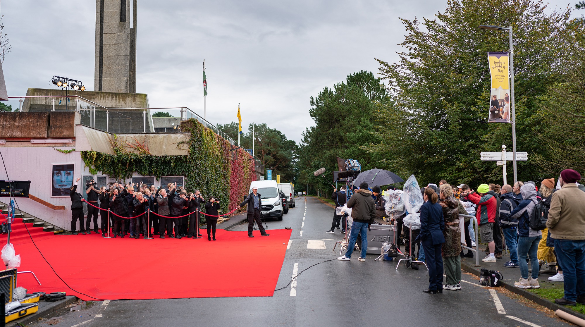 The steps leading to Aberystwyth Arts Centre were transformed into the venue for a movie premiere during the filming of My Happy Ending.