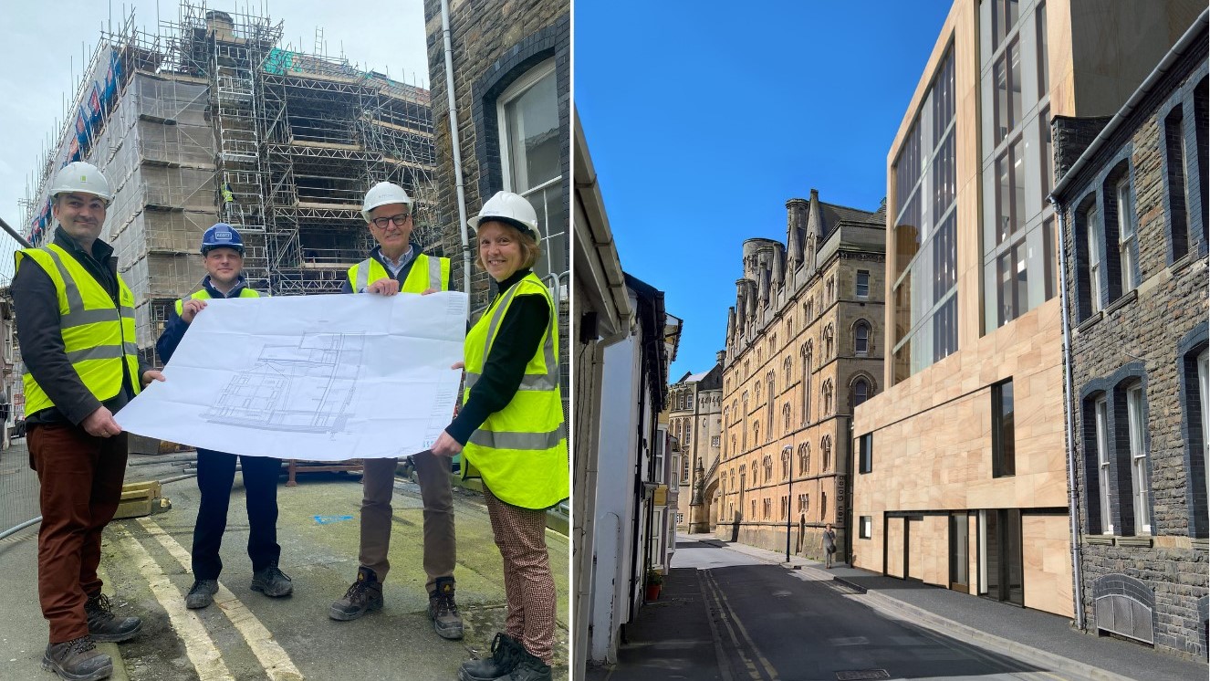 Left to right: Lyn Hopkins from Lawray Architects; Shaun Davies, Senior Project Manager with Andrew Scott Ltd; Jim O’Rourke, Old College Project Manager and Professor Anwen Jones, Aberystwyth University Executive Lead on the Old College Project at the site of the new King Street entrance and atrium, and an impression of the new atrium.