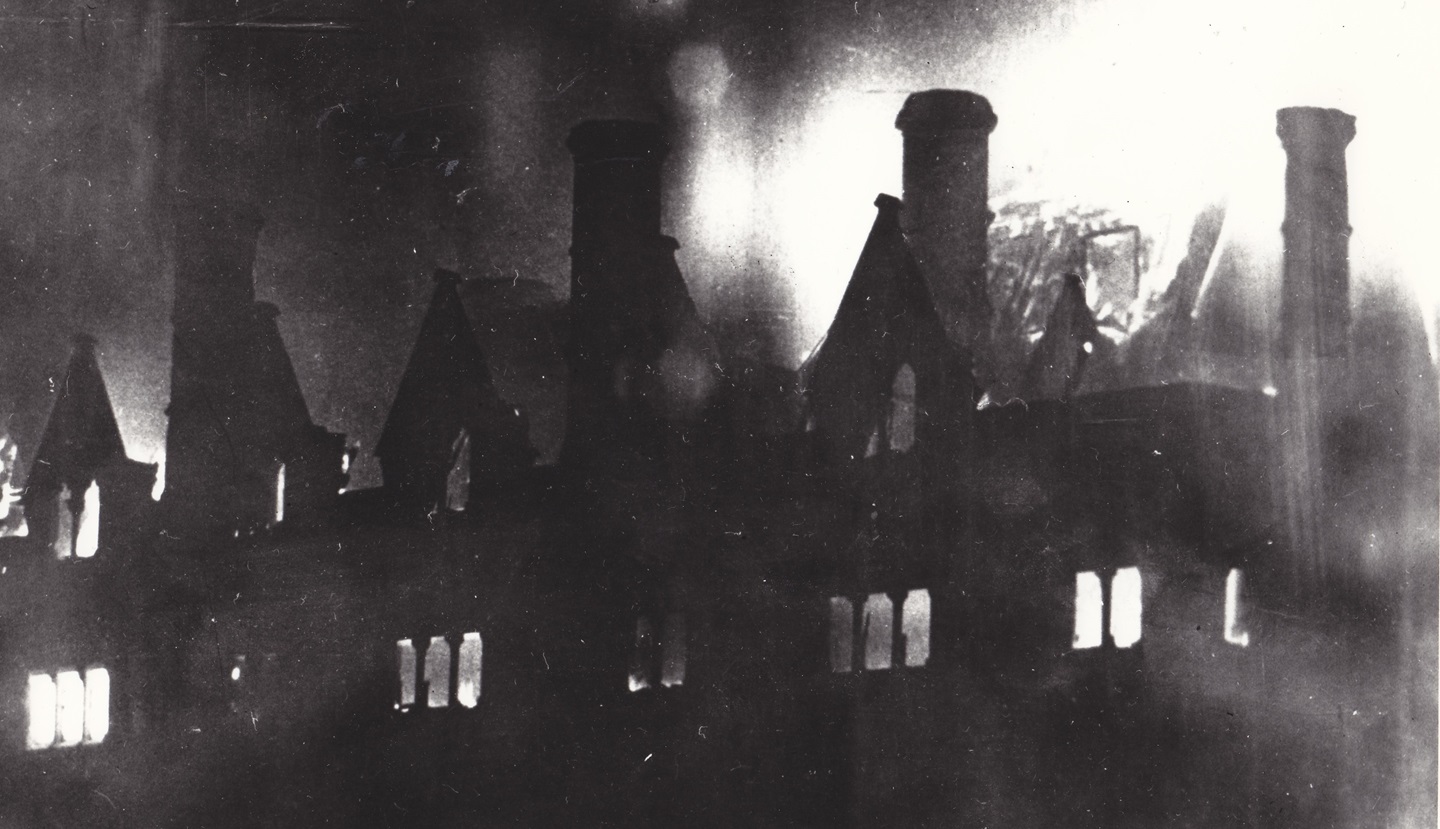 The Old College fire: much of the northern wing of the building was destroyed by the fire on the night of 8/9 July 1885.
