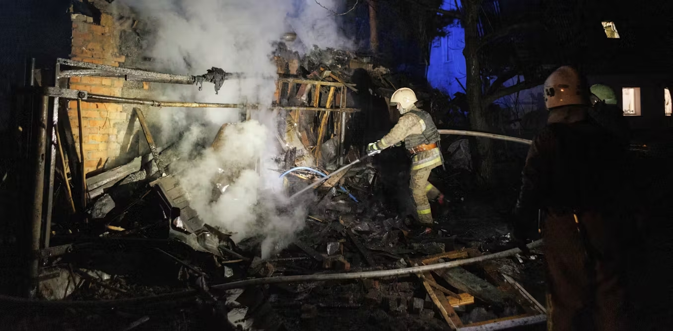 Devastation: firefighters at the scene of a Russian bomb attack in Kharkiv, Ukraine’s second city, April 2024. EPA-EFE/Yakiv Liashenko