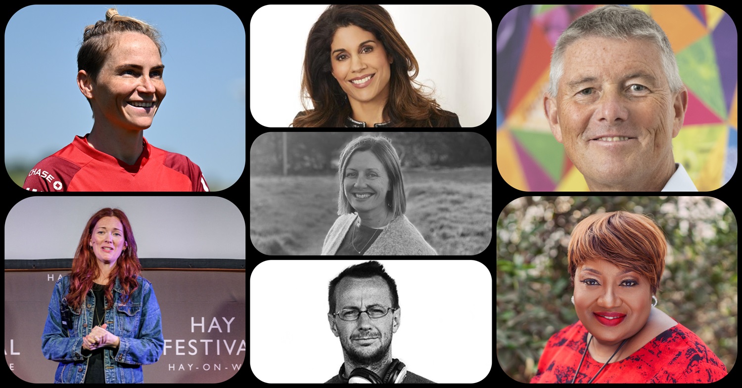 Left: Jess Fishlock (top) Manon Steffan Ros (bottom) Centre: Dr Anna Persaud (top), Clare Hieatt (centre), David Hieatt (bottom) Right: Professor Sir Stewart Cole (top), Professor Uzo Iwobi (bottom)
