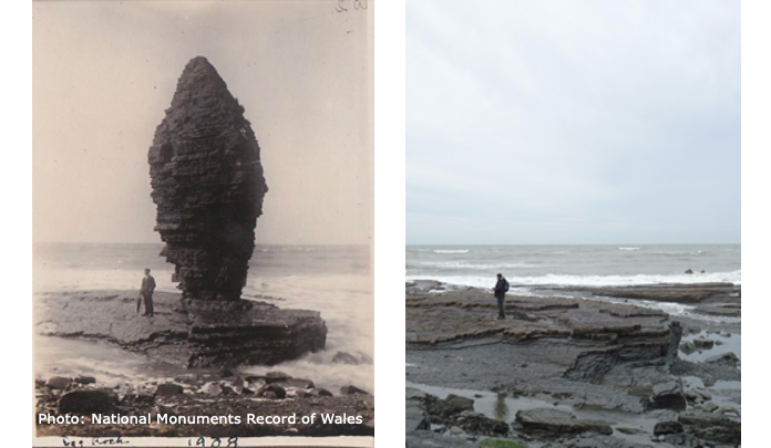 Left: Photograph of Egg Rock dated 1908. Photo Credit: From the collections of the National Monuments Record of Wales: David John Saer Album Collection Right: Photograph of the coastline where Tŵr Gweno / Egg Rock once stood. February 2023. Photo credit: Professor Stephen Tooth, Aberystwyth University