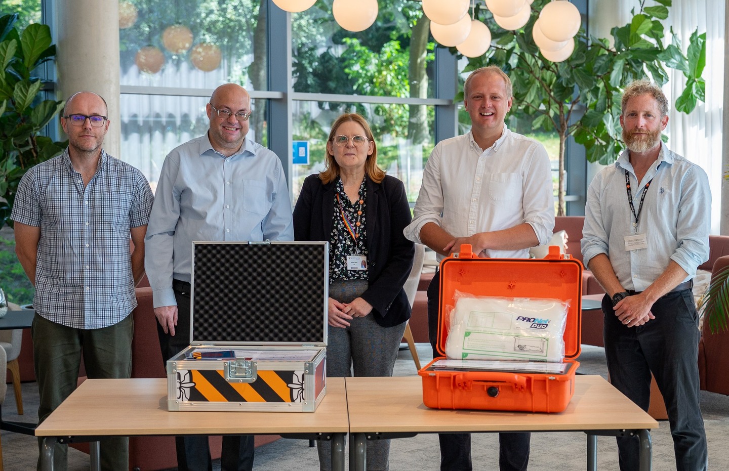 L to R: Dr Niall McKeown (Aberystwyth University), Chris Walker (UK Senior Advocacy Manager, Malaria No More UK), Professor Angela Hatton (Pro Vice-Chancellor for Research, Knowledge Exchange and Innovation, Aberystwyth University), Ben Lake MP, Dr Andy Hardy (Aberystwyth University)