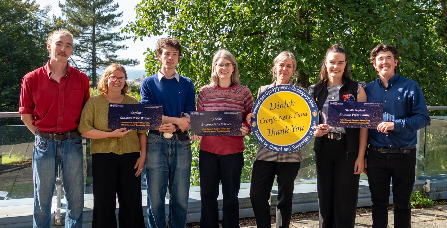 Winners of the awards from left to right: Liam Bell, Stephanie McGean, Camp Wender, Ffion Roberts, Head of Aberystwyth University's Careers & Employability Service Bev Herring, Holly Zeidler and Adam Broomhead