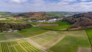 An aerial view of experimental planting plots at the Institute of Biological, Environmental and Rural Sciences (IBERS) at Gogerddan, Aberystwyth. Photo: Jason Brook.