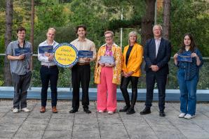 Winners of the awards from left to right: Harry Warne, Ellis Peares, Louis Angelo Summers, Ash Jayy Simmons Black and Eleni Ziu with Head of Aberystwyth University's Careers & Employability Service Bev Herring and Vice-Chancellor Professor Jon Timmis.