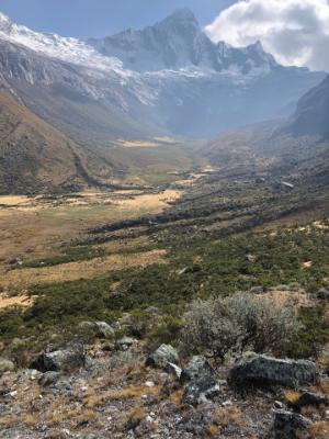 The Upper Santa Cruz Valley in Peru, showing darker ridges of moraines that were left behind as the glaciers receded.