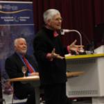 Cynthia Enloe presenting Kenneth N Waltz annual lecture. Ken Booth in background