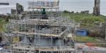 The three turrets with slating in progress. 
