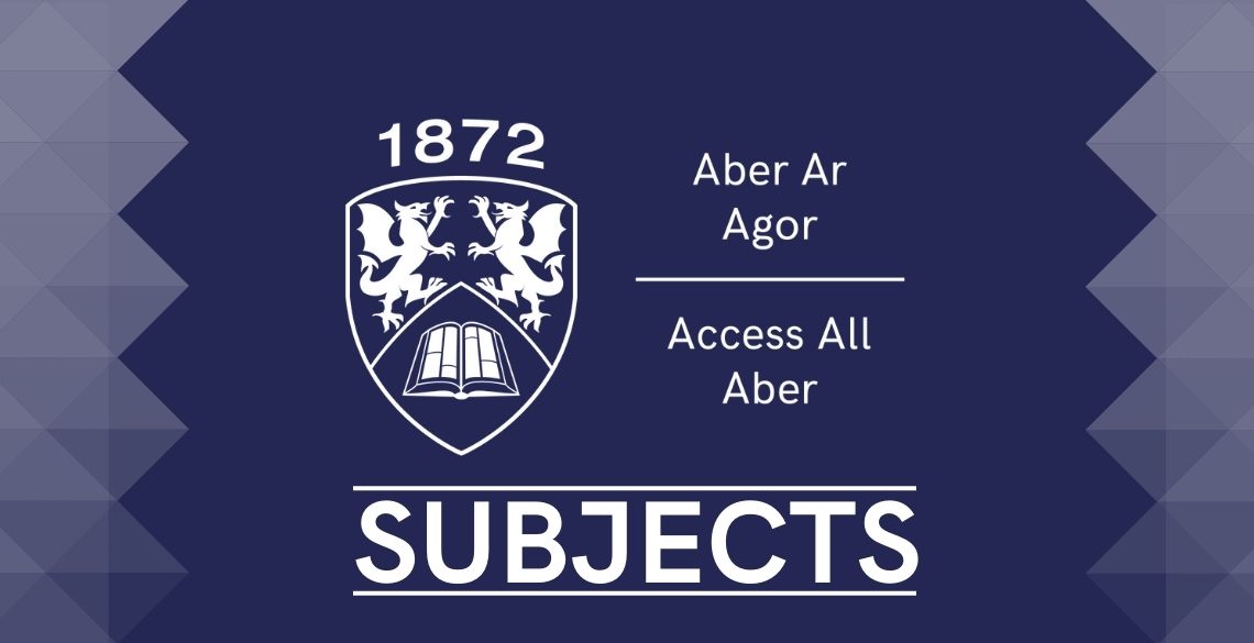 Navy blue image with white text with the logo for the Access All Aber residential programme and the word Subjects written in bold. 