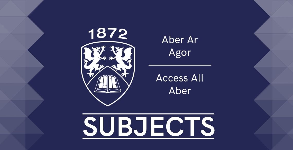Navy blue image with white text with the logo for the Access All Aber residential programme and the word Subjects written in bold.