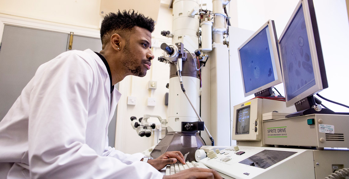 A student in the Bio-imaging laboratory within the Institute of Biological, Environmental and Rural Sciences at Aberystwyth University