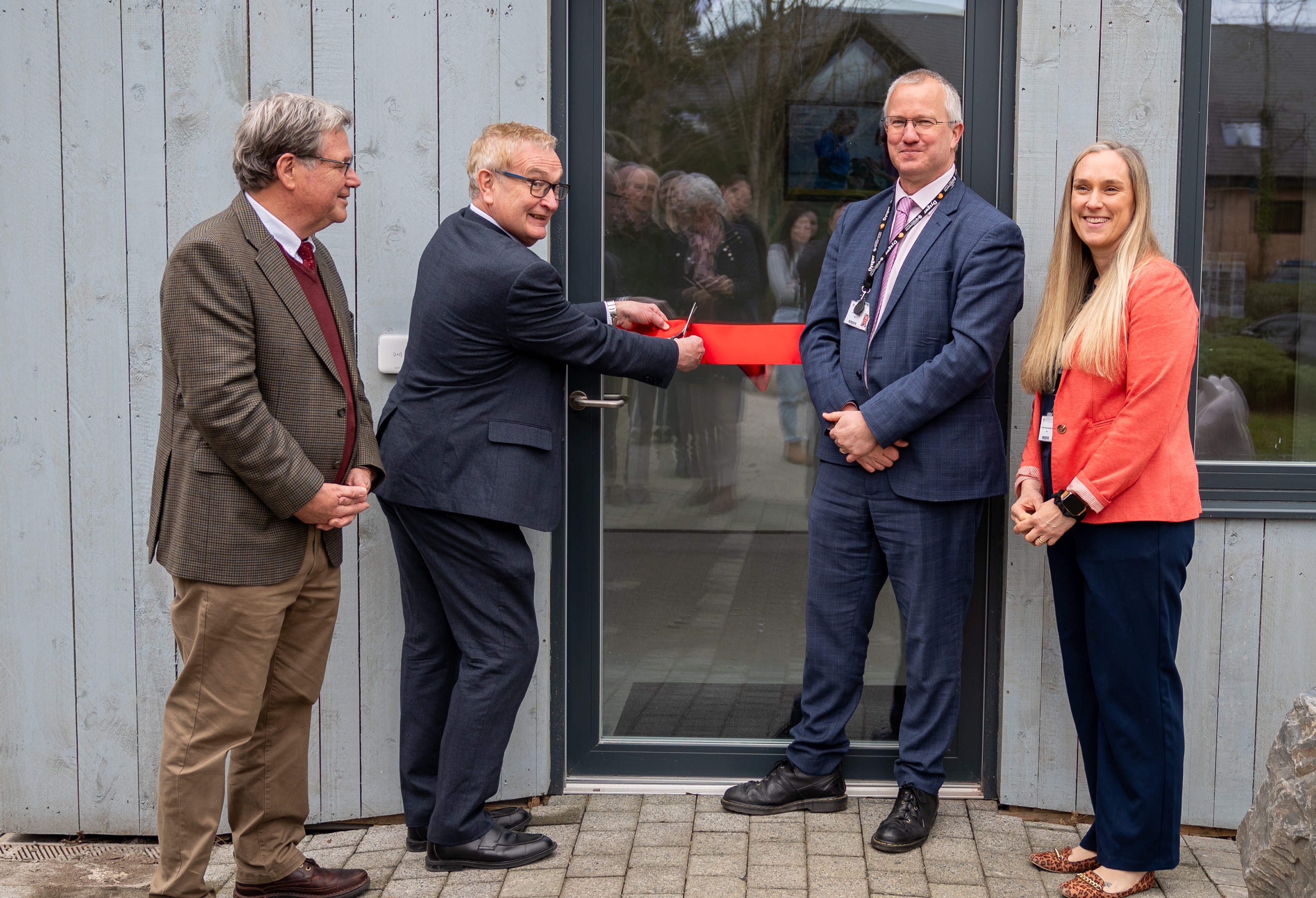 Official opening of the new replica veterinary clinic at Aberystwyth University’s School of Veterinary Science. Left to right: Professor Darrell Abernethy Head of School; Graham Colley; Professor Jon Timmis, Vice Chancellor; and Emma Anscombe-Skirrow, Senior Lecturer in Veterinary Nursing.